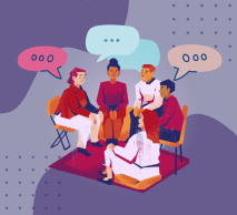 A imagem, em tons roxo, apresenta um grupo de pessoas 
                        sentadas em cadeiras e no chão, conversando.